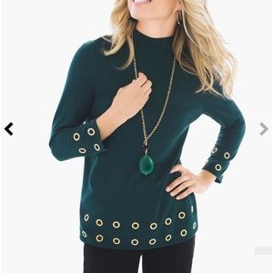 NWOT Chicos  hunter green mock neck turtle with elegant trim.
